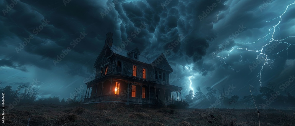 Abandoned house with dark clouds, lightning, and thunder, spooky ambiance, horror scene