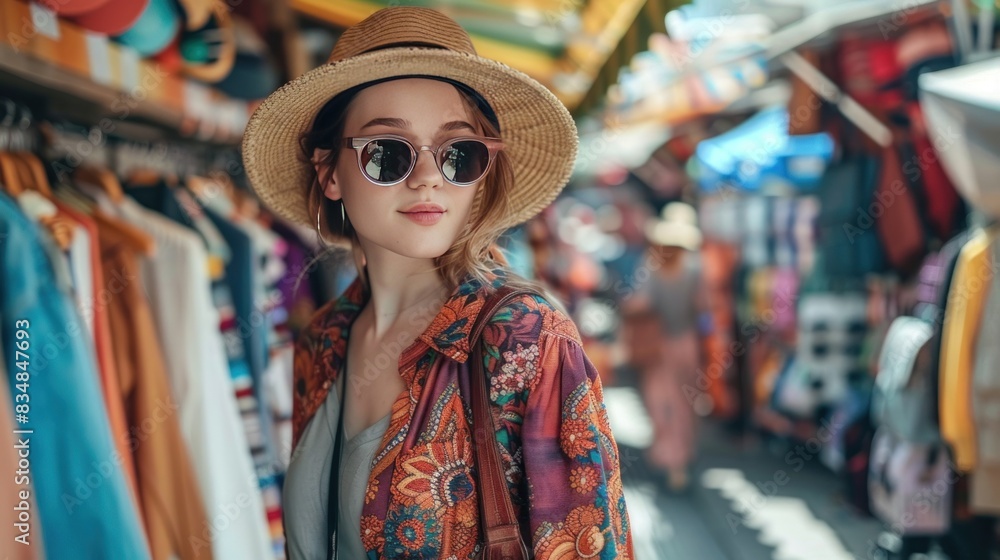 Obraz premium Effortlessly chic shopper showcases her purchases alongside a credit card, hinting at the joys of indulgent retail therapy.