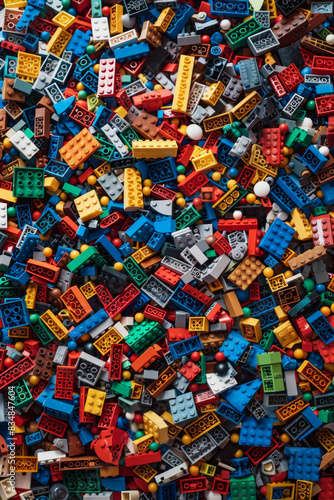 A chaotic yet colorful jumble of toy bricks, tightly packed to fill the entire frame. The bricks come in various sizes and an array of colors including red, blue, green, yellow, and white, © grey