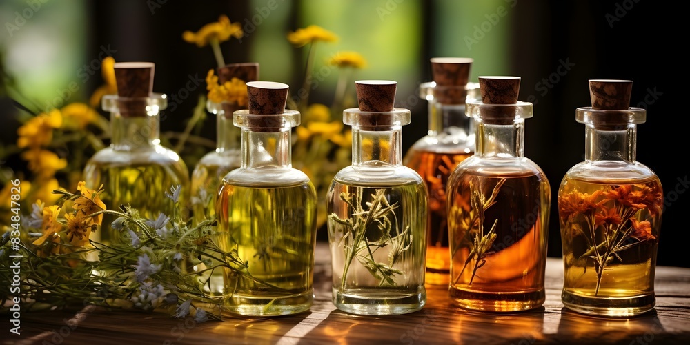 Various essential oil bottles with wildflower extracts for aromatherapy and relaxation. Concept Aromatherapy, Essential Oils, Wildflower Extracts, Relaxation, Natural Remedies Various essential oil bottles with wildflower extracts for aromatherapy and relaxation. Concept Aromatherapy, Essential Oils, Wildflower Extracts, Relaxation, Natural Remedies
