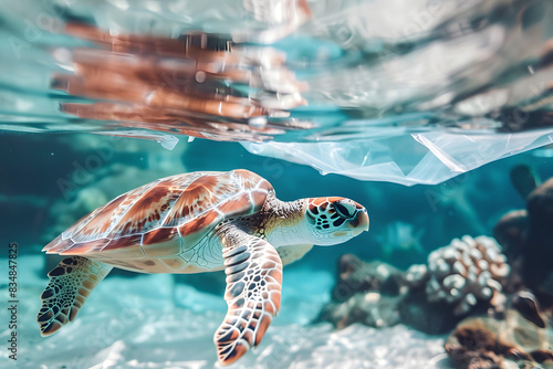 Environmental issue of plastic pollution problem. Sea Turtles can eat plastic bags mistaking them for jellyfish Sea turtle trapped in a plastic bag, Stop ocean plastic pollution concept photo