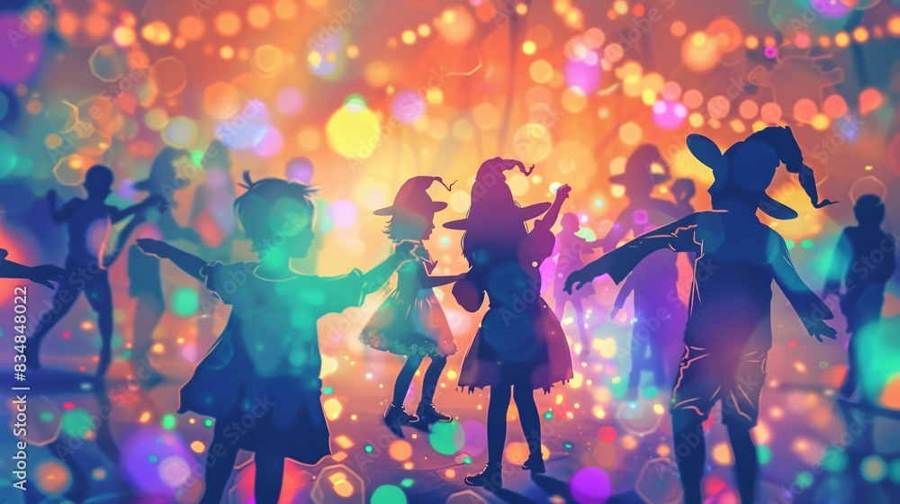 An illustration of children participating in a Halloween dance party, dressed in costumes and dancing under colorful lights, with candy and festive music creating a joyful atmosphere. An illustration of children participating in a Halloween dance party, dressed in costumes and dancing under colorful lights, with candy and festive music creating a joyful atmosphere.