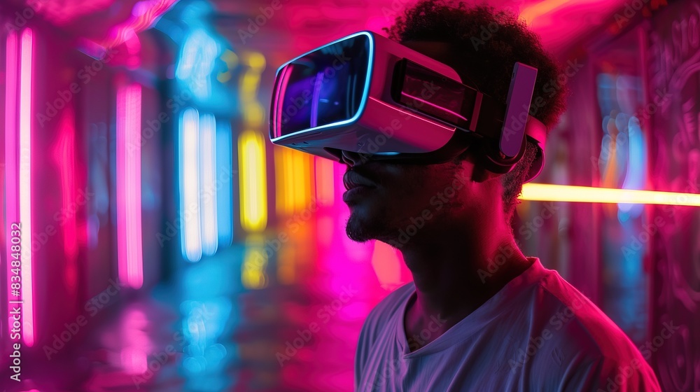 vr simulation man in the colorful artificial c, the time of technology and artificial intelligence vr simulation man in the colorful artificial c, the time of technology and artificial intelligence