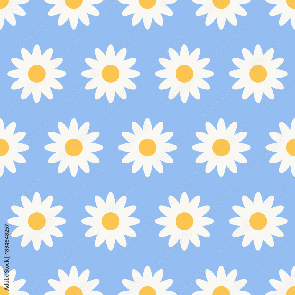 White daisy chamomile. Cute flower plant. Abstract seamless pattern Retro background design for textile, wrapping paper, covers. Vector square illustration isolated on blue background