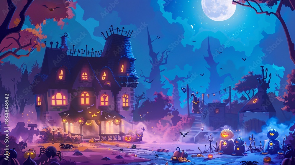An illustration of kids creating a haunted house in their backyard, with spooky decorations, fog machines, and candy stations, emphasizing teamwork and Halloween fun.