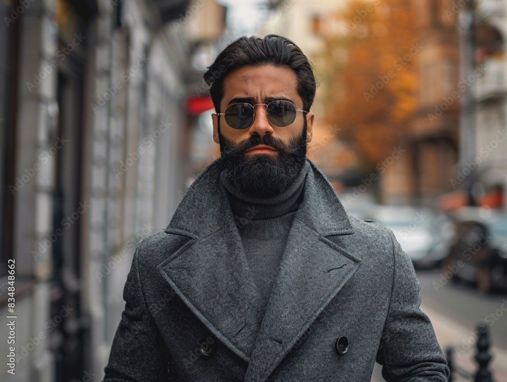 Bearded man in gray coat on city street Bearded man in gray coat on city street