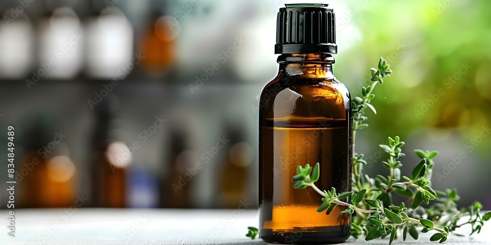 Dark glass bottle of essential oil with thyme sprig on white background. Concept Product Photography, Essential Oils, Glass Bottle, Herbal, Still Life Dark glass bottle of essential oil with thyme sprig on white background. Concept Product Photography, Essential Oils, Glass Bottle, Herbal, Still Life