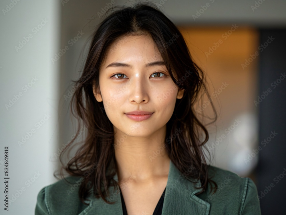Woman long hair green jacket Woman long hair green jacket