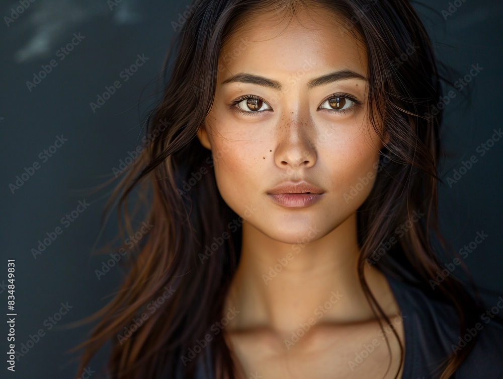 Naklejka premium Serious woman with lengthy black hair and freckled eyes