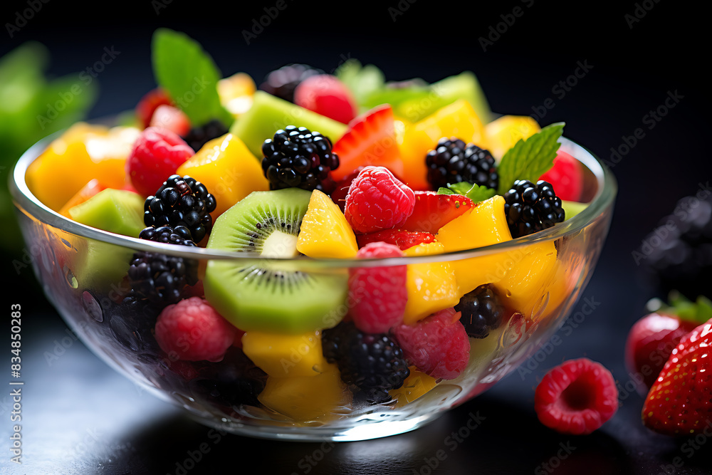 Close-up of a colorful fruit salad of fresh summer fruits in a glass bowl Close-up of a colorful fruit salad of fresh summer fruits in a glass bowl