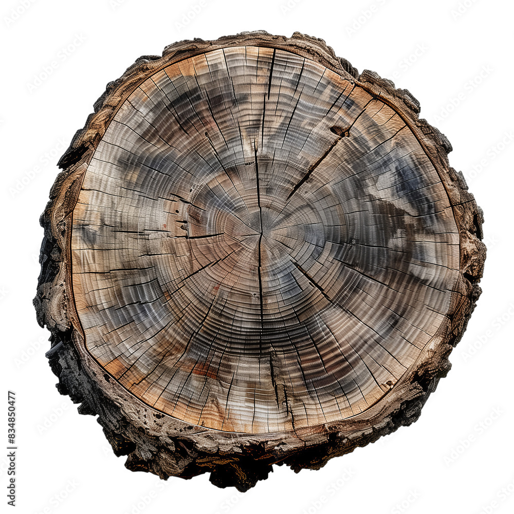Obraz premium Cross-Section of Tree Trunk with Detailed Growth Rings, Isolated on Transparent Background, PNG.