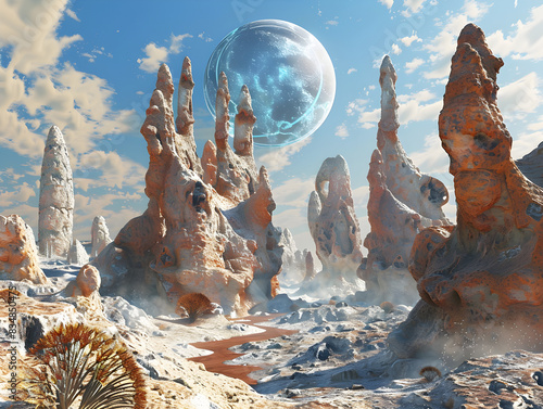 Mysterious alien planet with bizarre rock formations and unique alien inhabitants roaming the landscape.