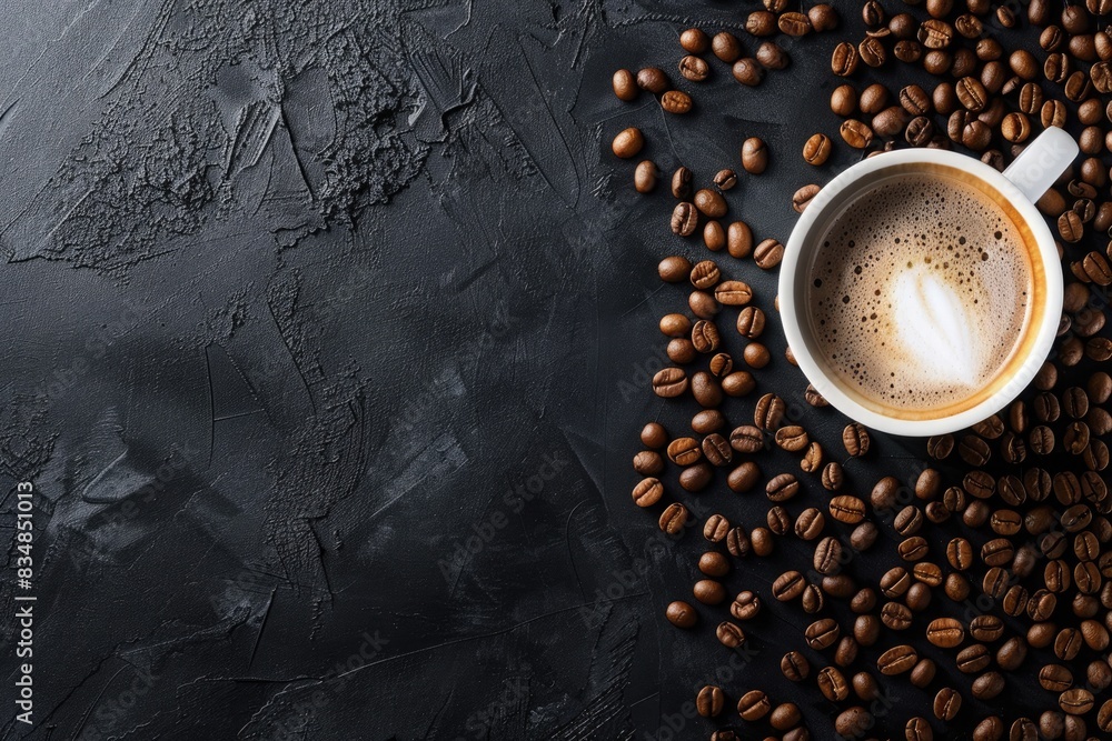 A cup of coffee with beans and a cup filled with coffee beans surrounded A cup of coffee with beans and a cup filled with coffee beans surrounded