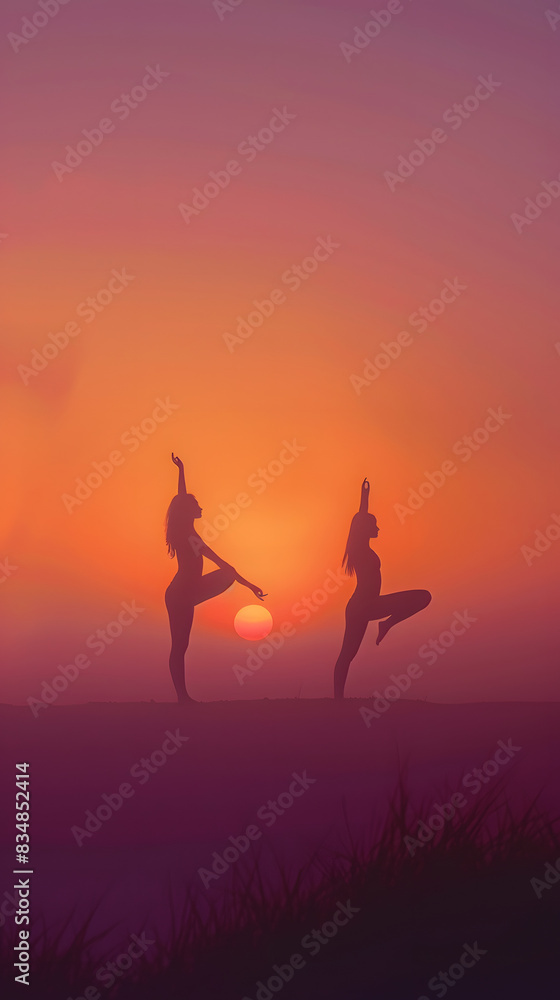 2 people performing yoga poses in nature, background gradient of orange and purple 2 people performing yoga poses in nature, background gradient of orange and purple