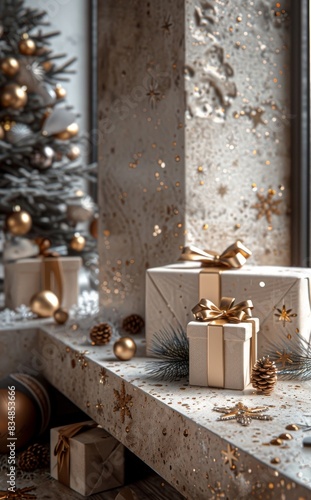 Elegant Christmas scene with decorated gifts and sparkling ornaments