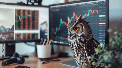 Funny image, owl relaxes at a modern office desk with a stock trading platform.