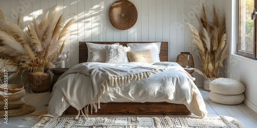 White-walled boho bedroom featuring wooden bed, tassel cushion, and pampas grass. Concept Boho Bedroom Decor, White Walls, Wooden Bed, Tassel Cushion, Pampas Grass photo