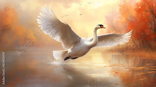 Swan flying with season theme ( autumn 