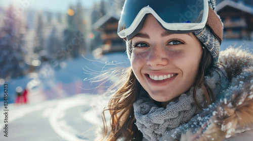 Smiling woman in protective glasses on ski slope with a ski resort in the background