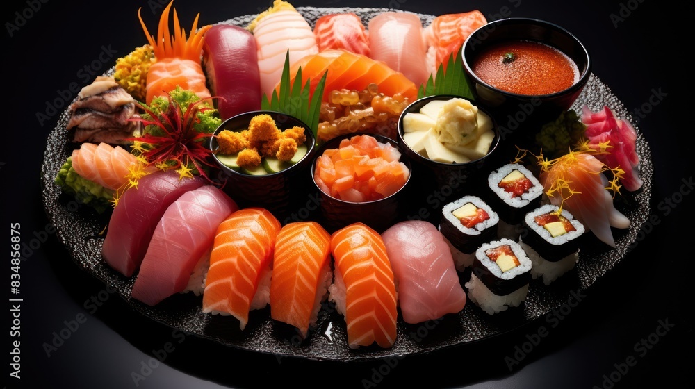 variety of colorful sashimi, nigiri, and maki rolls, variety of colorful sashimi, nigiri, and maki rolls,