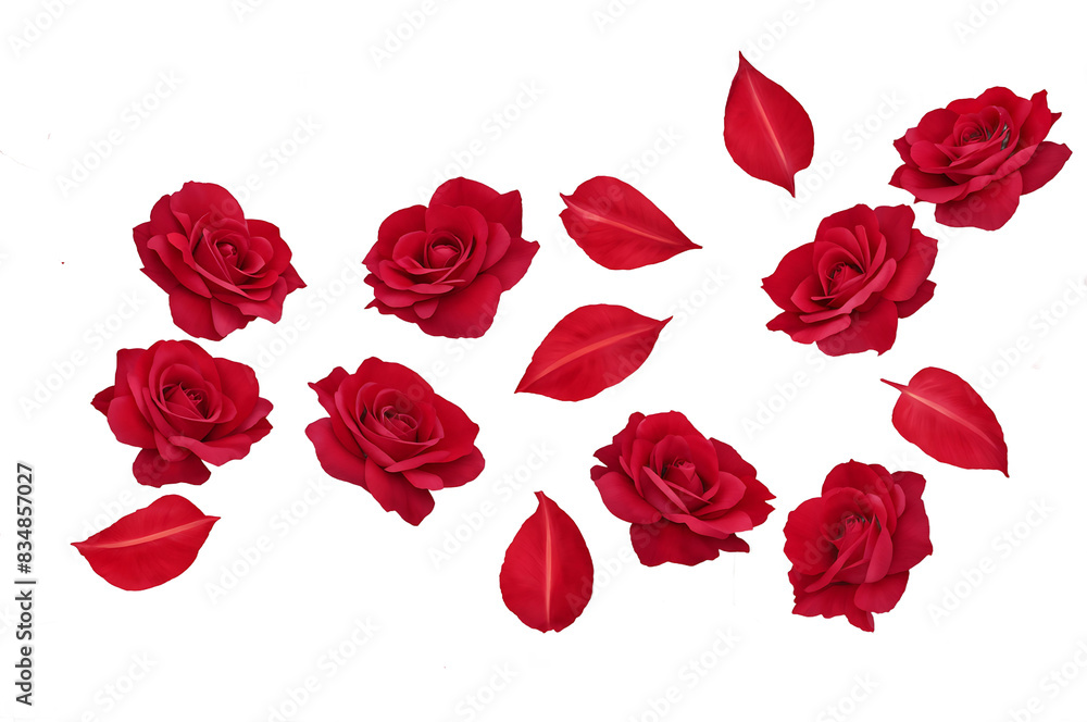 set of red roses and rose petals on transparent background set of red roses and rose petals on transparent background