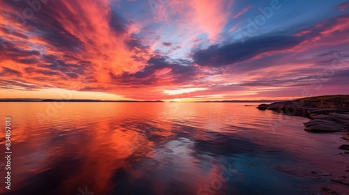 sunset over the ocean  with fiery orange and pink hues reflected in the calm water 