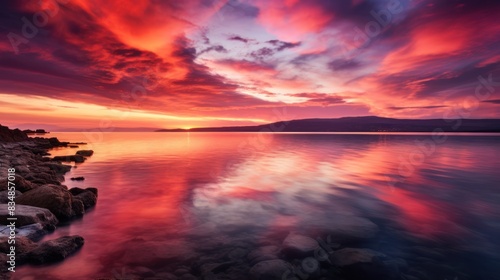 sunset over the ocean  with fiery orange and pink hues reflected in the calm water 