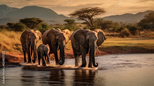 a family of elephants crossing a tranquil river  © CStock