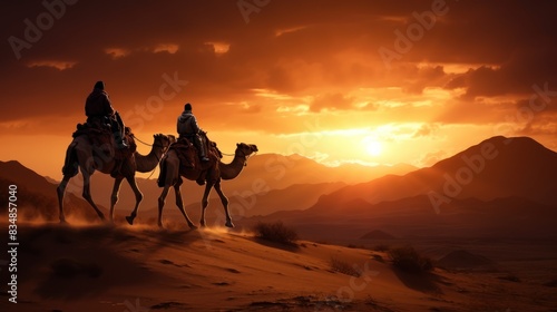 family riding camels through a vast desert landscape, 