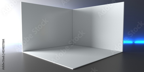 3D exhibition booth. Showroom. Square corner. Empty geometric square. Blank box template. White blank exhibition stand. Presentation event room.