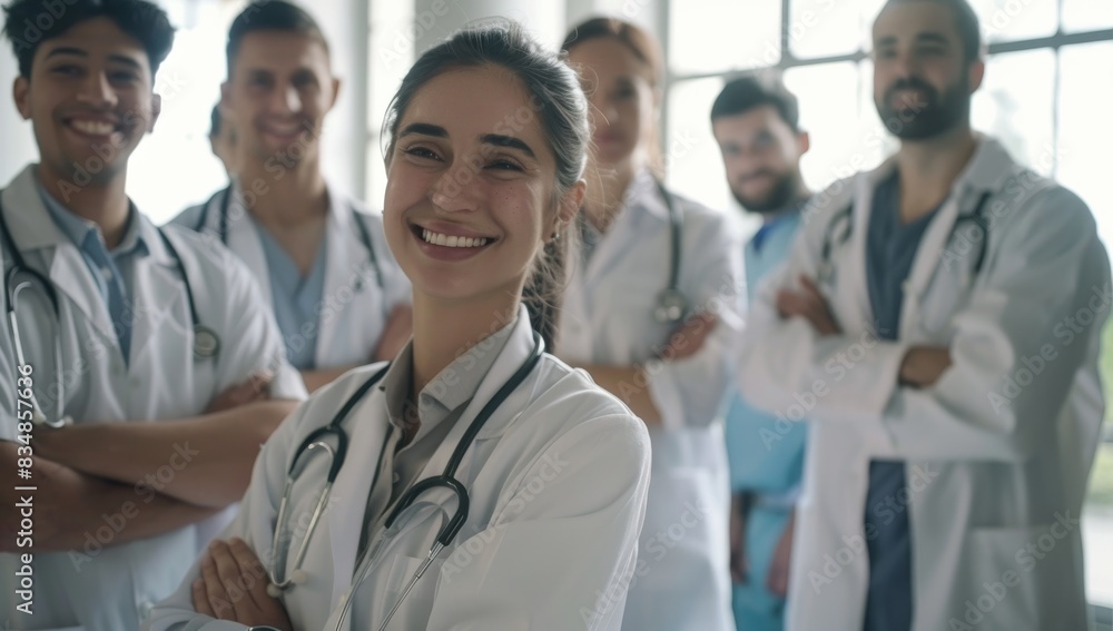 A group of doctors standing in front, smiling and looking at the camera, portrait photography, Medical professionals proud A group of doctors standing in front, smiling and looking at the camera, portrait photography, Medical professionals proud