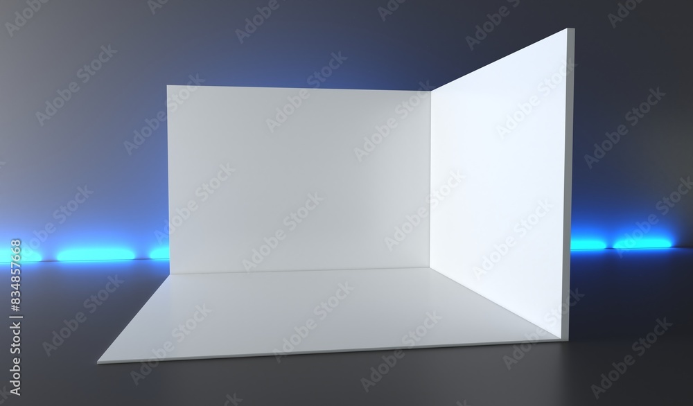 Fototapeta premium 3D exhibition booth. Showroom. Square corner. Empty geometric square. Blank box template. White blank exhibition stand. Presentation event room.