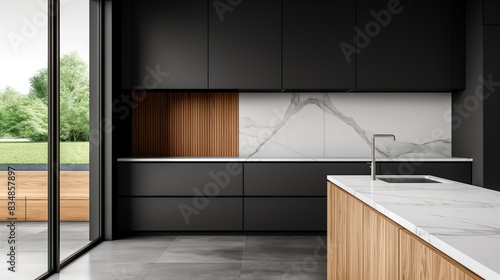 A kitchen with grey and wood cabinets, white marble countertop, minimalistic design, black wall, natural light.