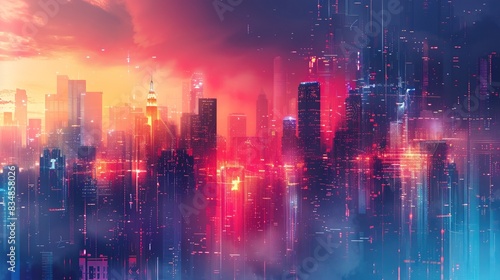 Abstract cityscape background with futuristic elements, representing a digital and interconnected urban environment