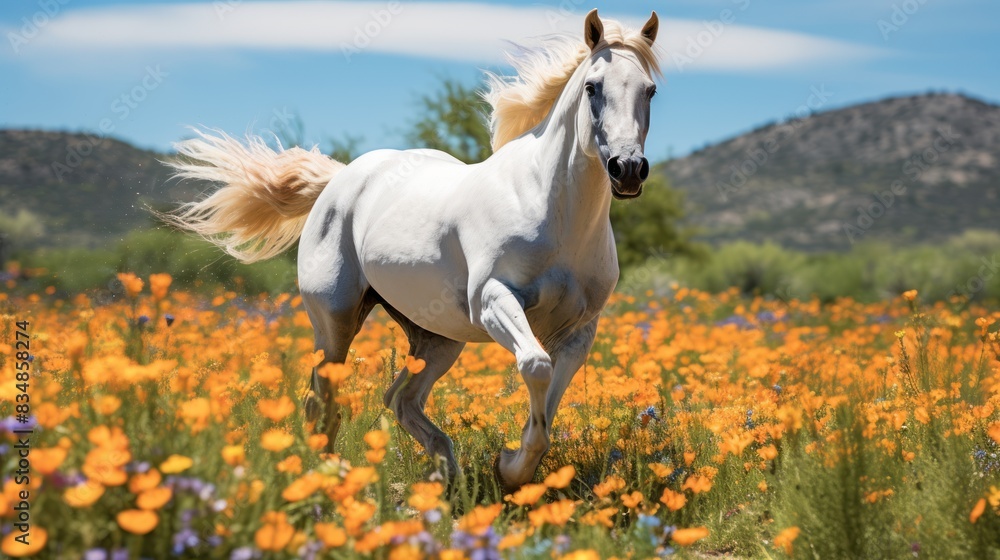 a majestic horse galloping through a field of wildflowers a majestic horse galloping through a field of wildflowers