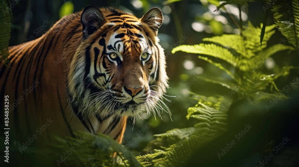 Fototapeta premium tiger stalking its prey in the lush rainforest,