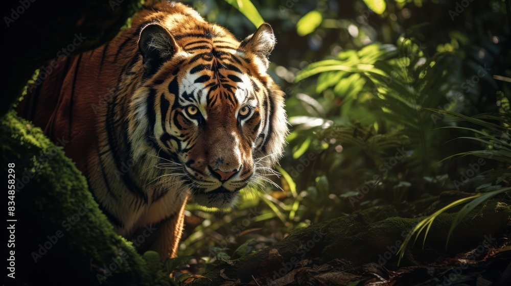 Fototapeta premium tiger stalking its prey in the lush rainforest,