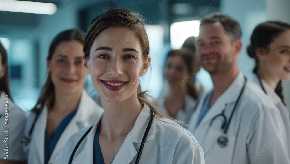 A group of doctors standing in front, smiling and looking at the camera, portrait photography, Medical professionals proud A group of doctors standing in front, smiling and looking at the camera, portrait photography, Medical professionals proud