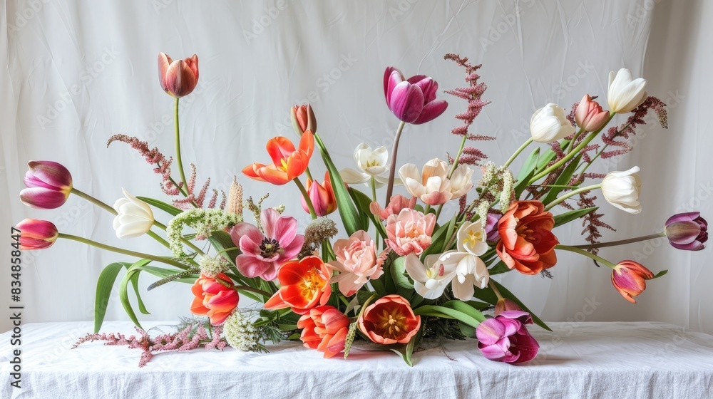 Fototapeta premium Tulip arrangement on a white backdrop