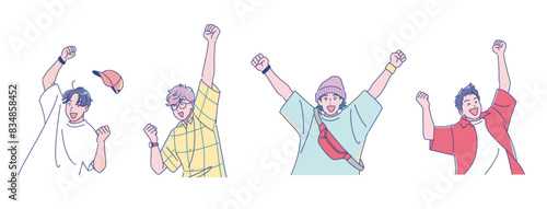 元気にガッツポーズするアニメ風の若い男子学生