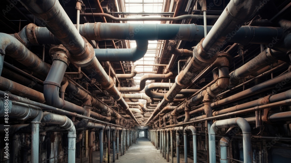 pipes snaking their way along the ceiling of an old factory, pipes snaking their way along the ceiling of an old factory,