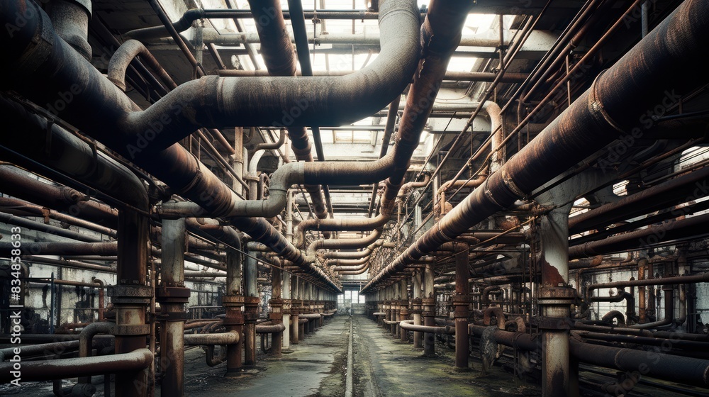 pipes snaking their way along the ceiling of an old factory, pipes snaking their way along the ceiling of an old factory,