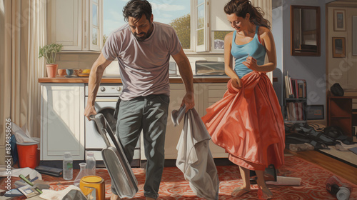 A man and a woman are cleaning the house together, housework is the responsibility of both husband and wife, a warm family photo