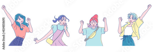 ガッツポーズするアニメ風の女子学生たち