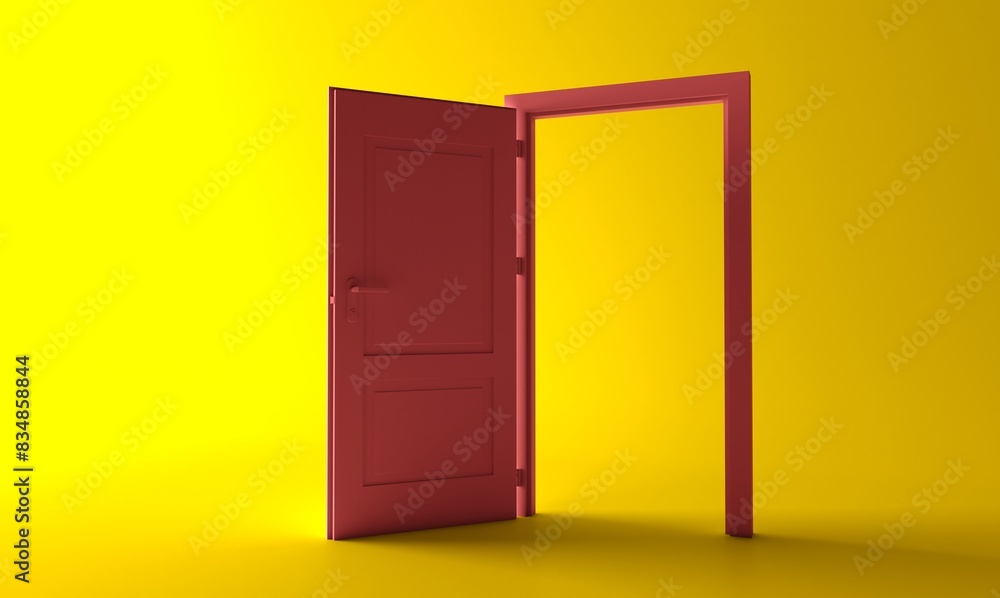 Open the door. Red door, open entrance in yellow background room. Architectural design element. Modern minimal concept. Opportunity metaphor. Open the door. Red door, open entrance in yellow background room. Architectural design element. Modern minimal concept. Opportunity metaphor.