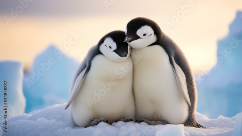 adorable penguins cuddling together on an icy antarctic landscape  © CStock