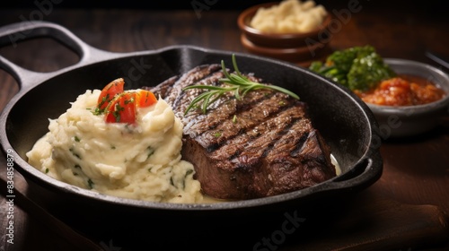 perfectly grilled steak, sizzling on a cast iron skillet, 