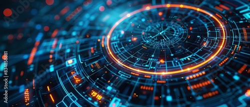 Wallpaper Mural A circular digital interface with glowing lines and circuit patterns, on a dark blue background, symbolizing futuristic technology Closeup Torontodigital.ca