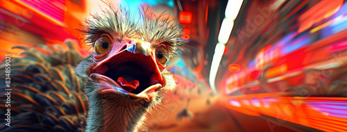 A closeup charismatic half body of an ostrich in a track suit photo