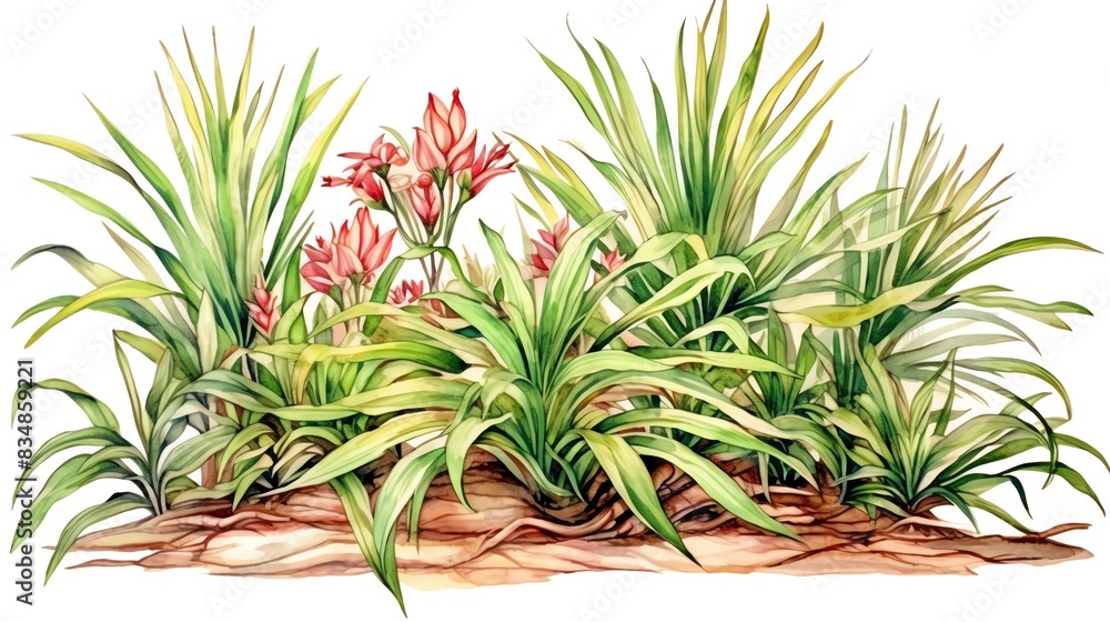 Hand-painted botanical illustration featuring lush green tropical plants and vibrant red flowers, ideal for nature-themed designs. Hand-painted botanical illustration featuring lush green tropical plants and vibrant red flowers, ideal for nature-themed designs.